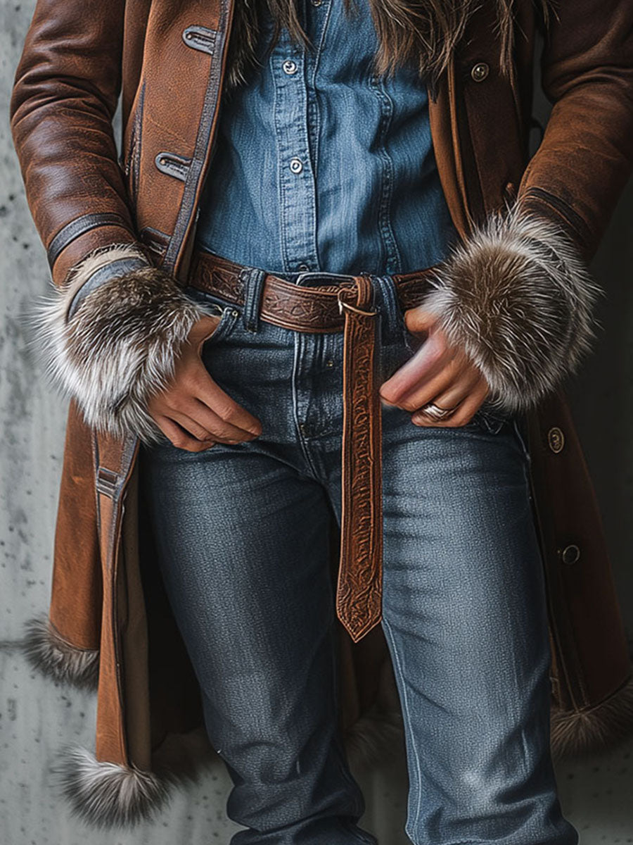 Vintage Brown Shearling Eco Leather Long Coat With Eco Fur Trim - Fashionpara