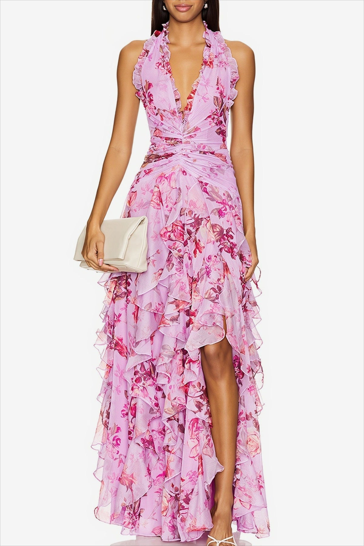 Floral Ruffle Halter Neck High Split Maxi Gown