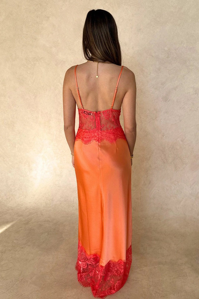 Lace-Bodice Spaghetti Strap Satin Slip Maxi Dress