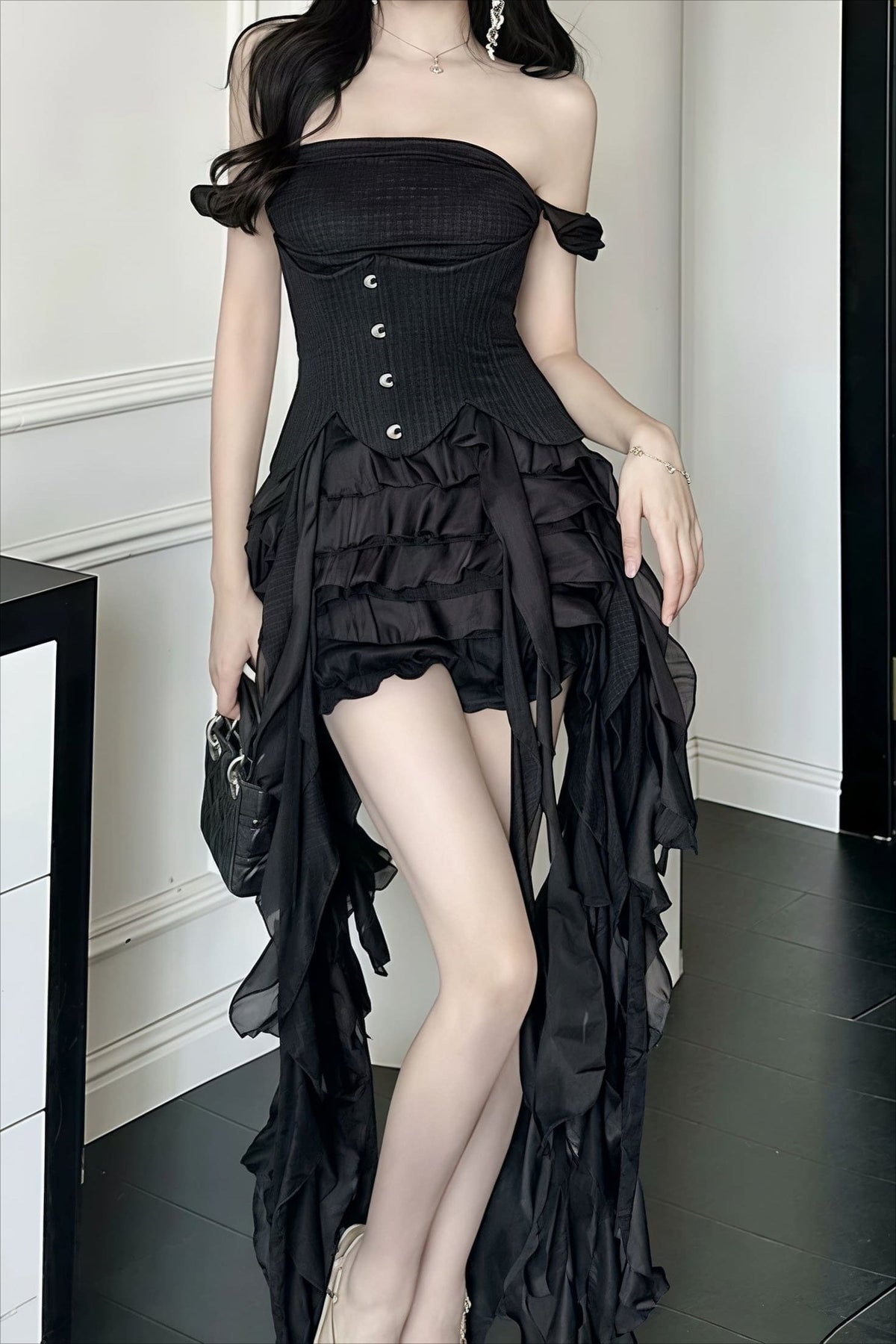 Crinkle Cotton Off Shoulder Corset Ruffle Dress 15