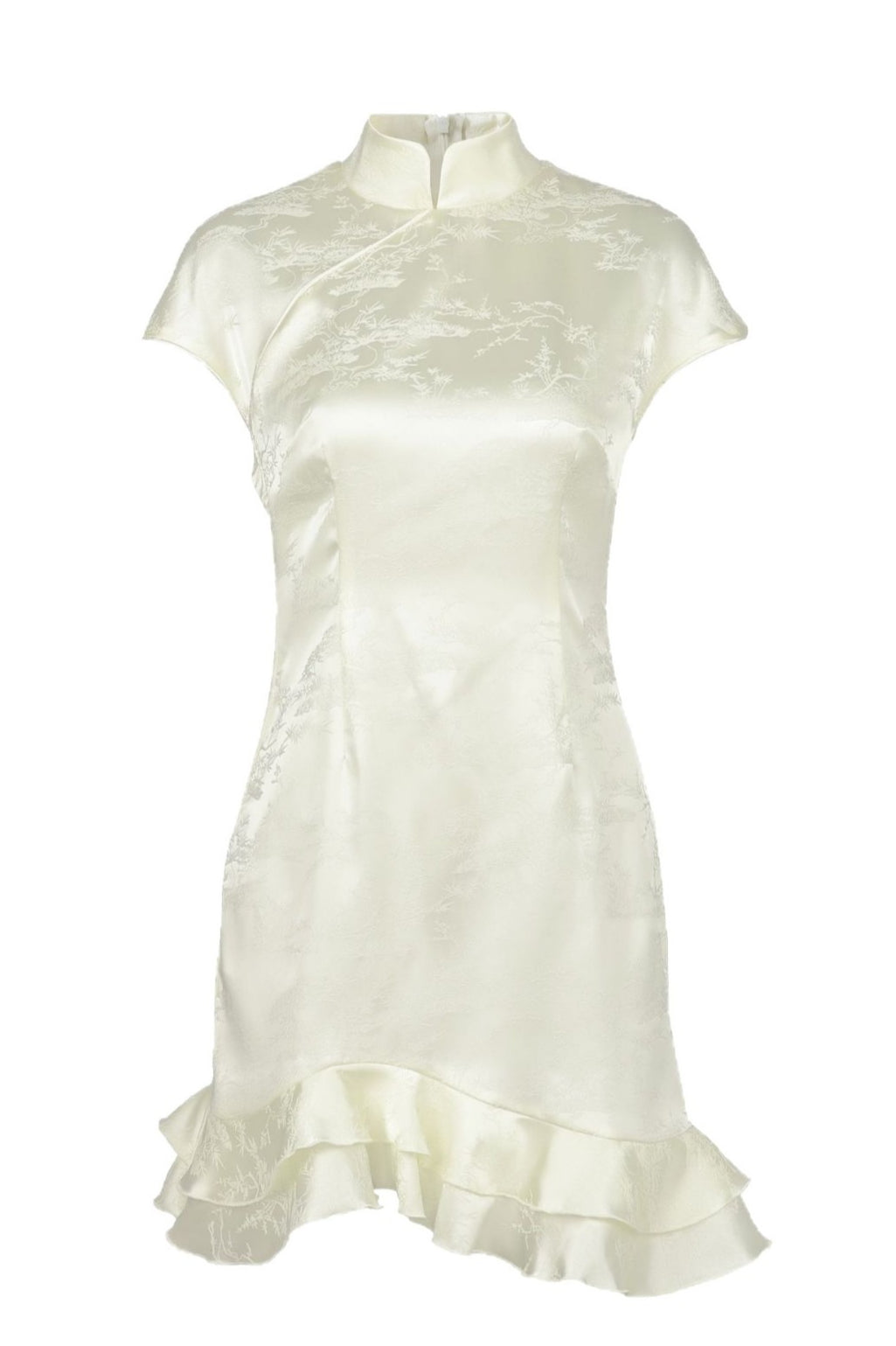 Satin Jacquard Mandarin Collar Cap Sleeve Mini Dress