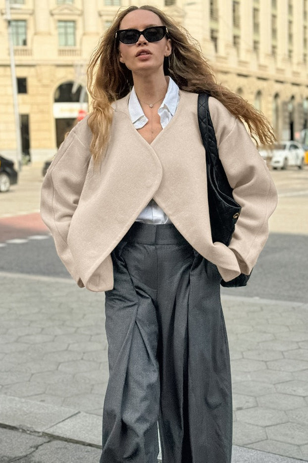 Khaki V Neck Asymmetric Wool Blend Coat - Fashionpara