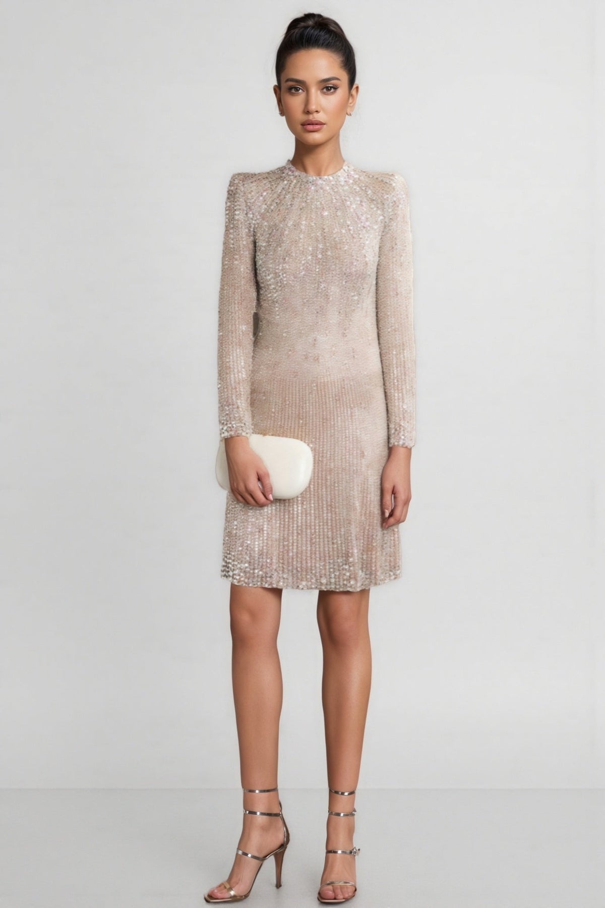 Sequin Long Sleeve Crew Neck Structured Shoulder Shift Mini Dress