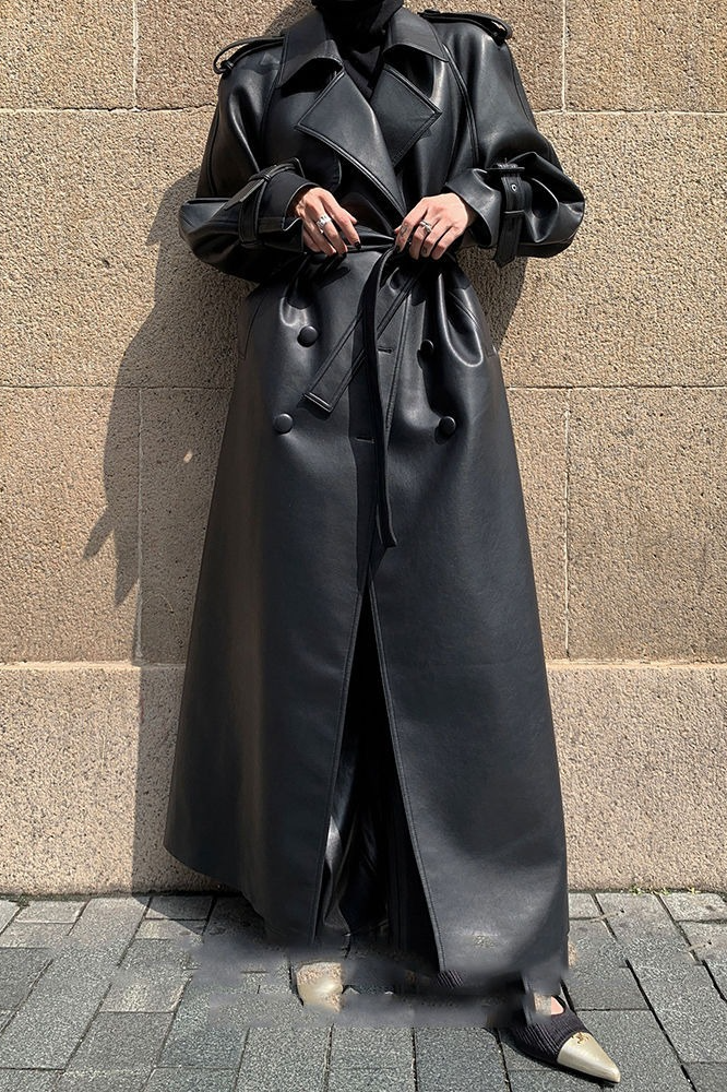 Layered PU Leather Waist-Cinching Long Overcoat - Fashionpara