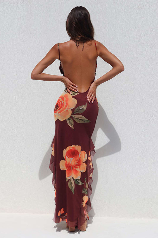 Floral Mesh Tie Split Bodycon Cami Party Dress