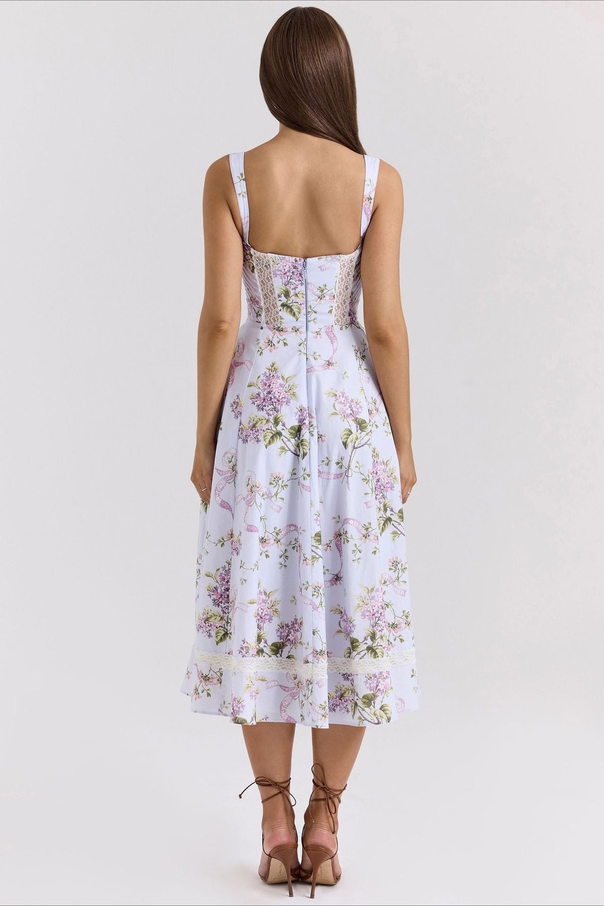 Cotton Square Neck Lace Panel Corset Midi Dress