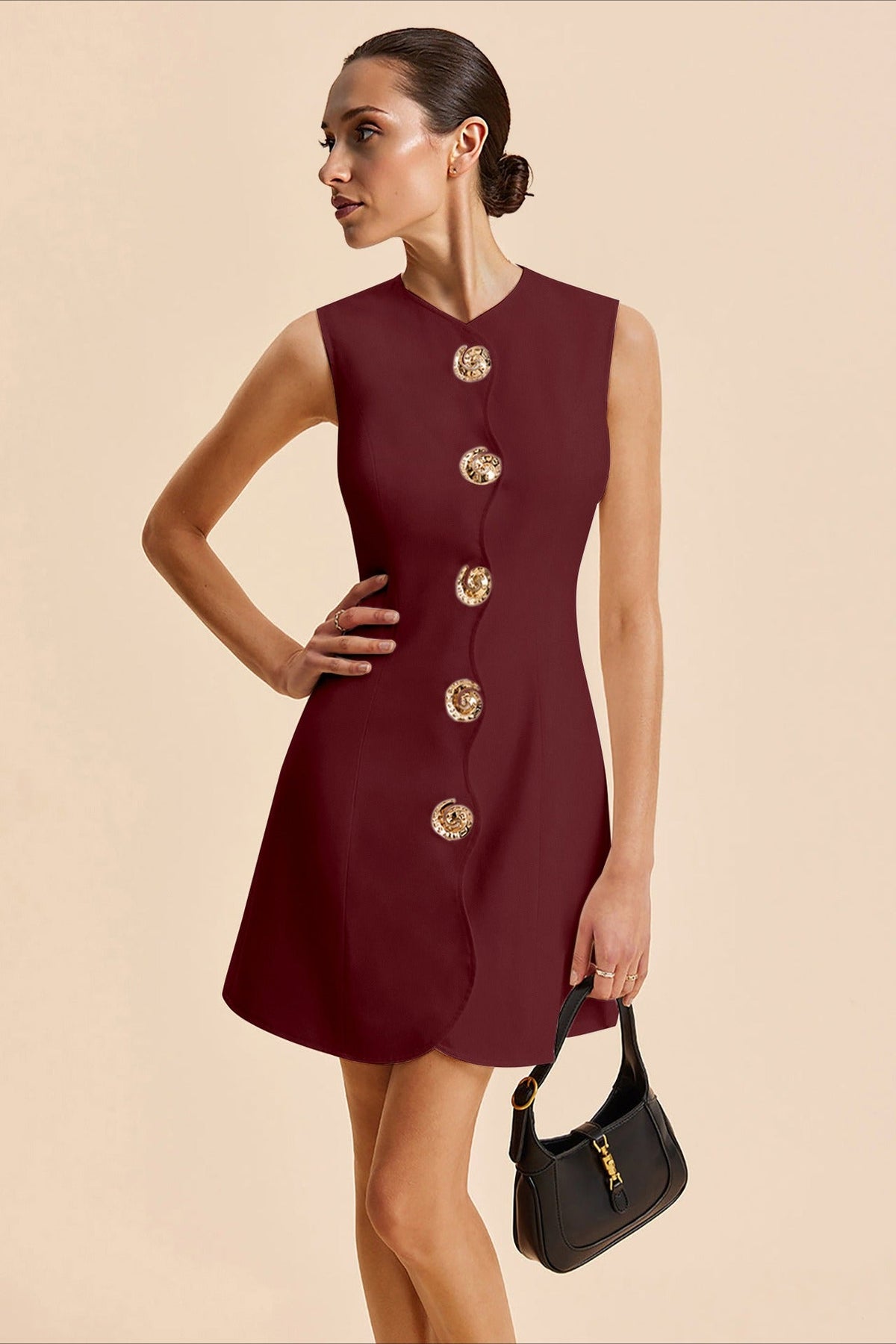 Round Neck Button Front A-Line Mini Dress
