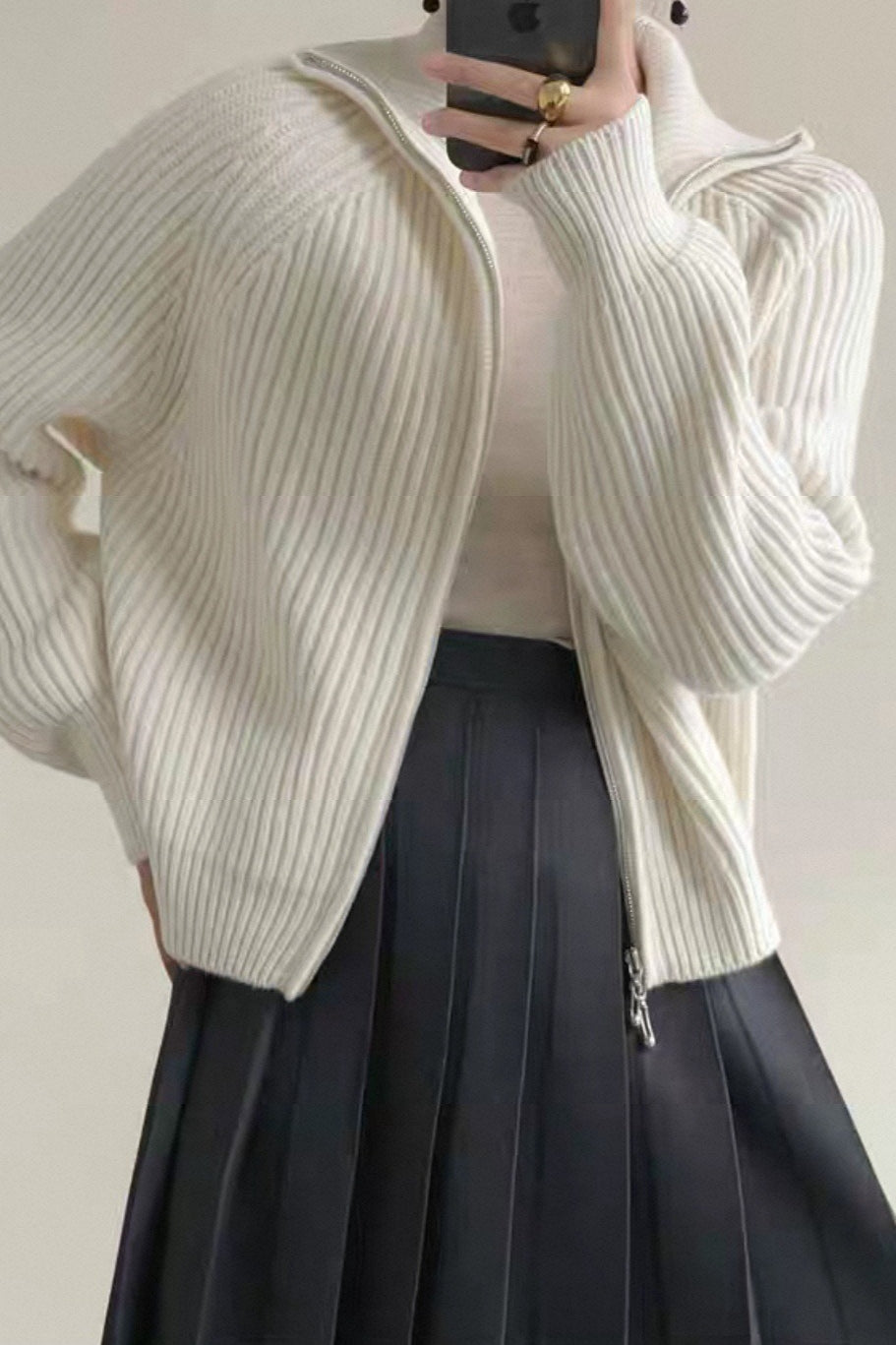 Ribbed High Neck Zip Sweater