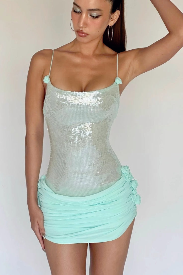 Sequin Spaghetti Strap Ruched Rosette Bodycon Mini Dress
