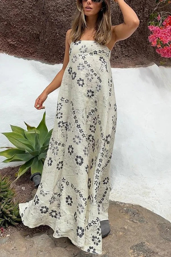 Linen Blend Floral Print Strappy Full-hem Backless Maxi Dress - Fashionpara