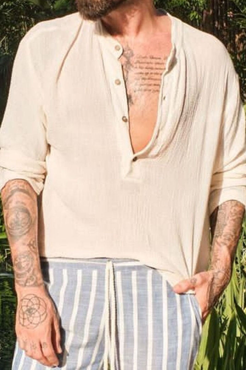 Men's V-neck Cotton And Linen Beach Casual Shirt - Fashionpara