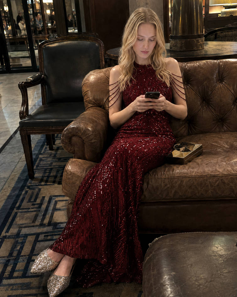 Sequin Halter Beaded Shoulder Fringe Mermaid Gown