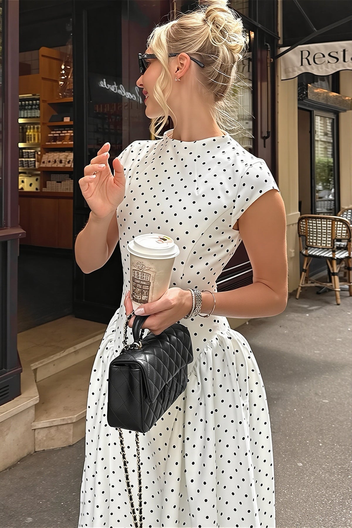 Polka Dot High Neck Cap Sleeve Ruched Maxi Dress