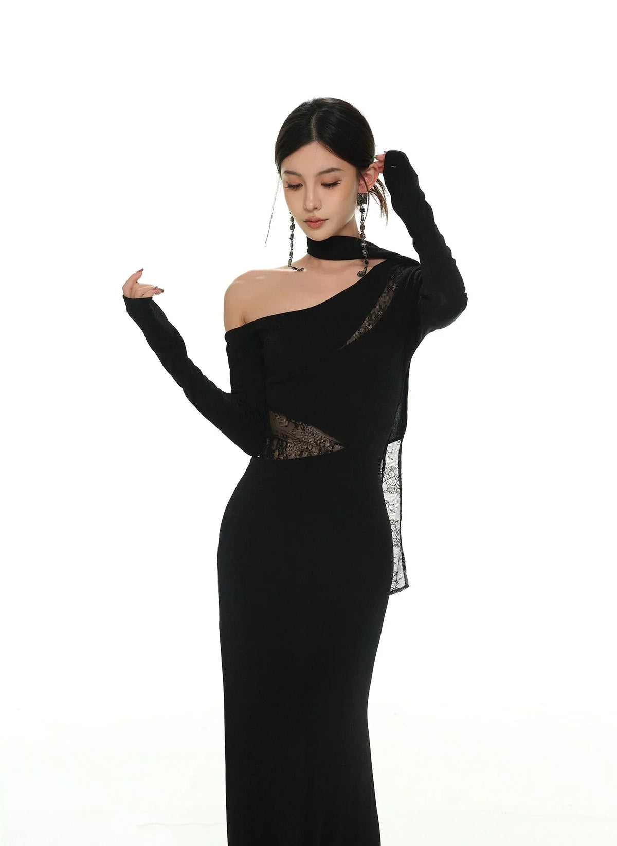 One-Shoulder Long Sleeve Lace Cut-Out Maxi Dress 5