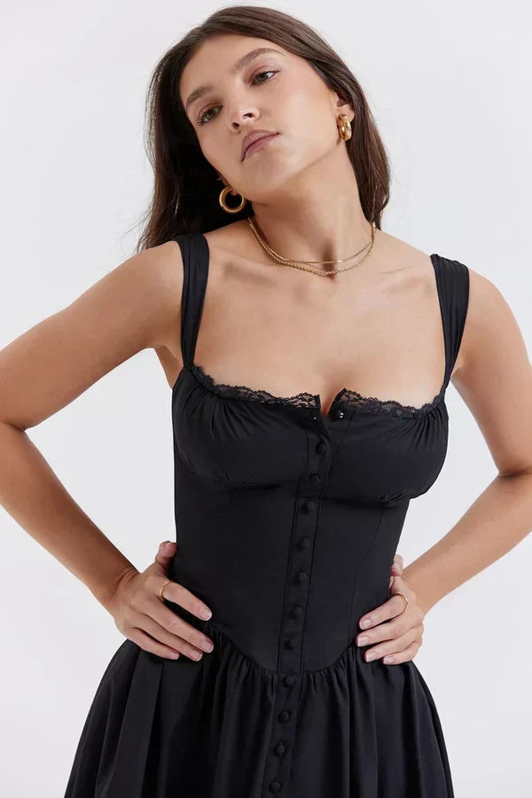 Lace Trim Square Neck Corset Button Front Basque Waist Midi Dress