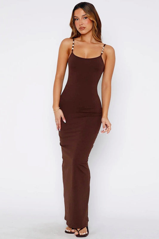 Beaded Strap Scoop Neck Bodycon Slip Maxi Dress