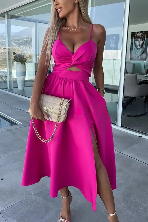 Spaghetti Strap Twist Front Cut Out High Split A-Line Midi Dress