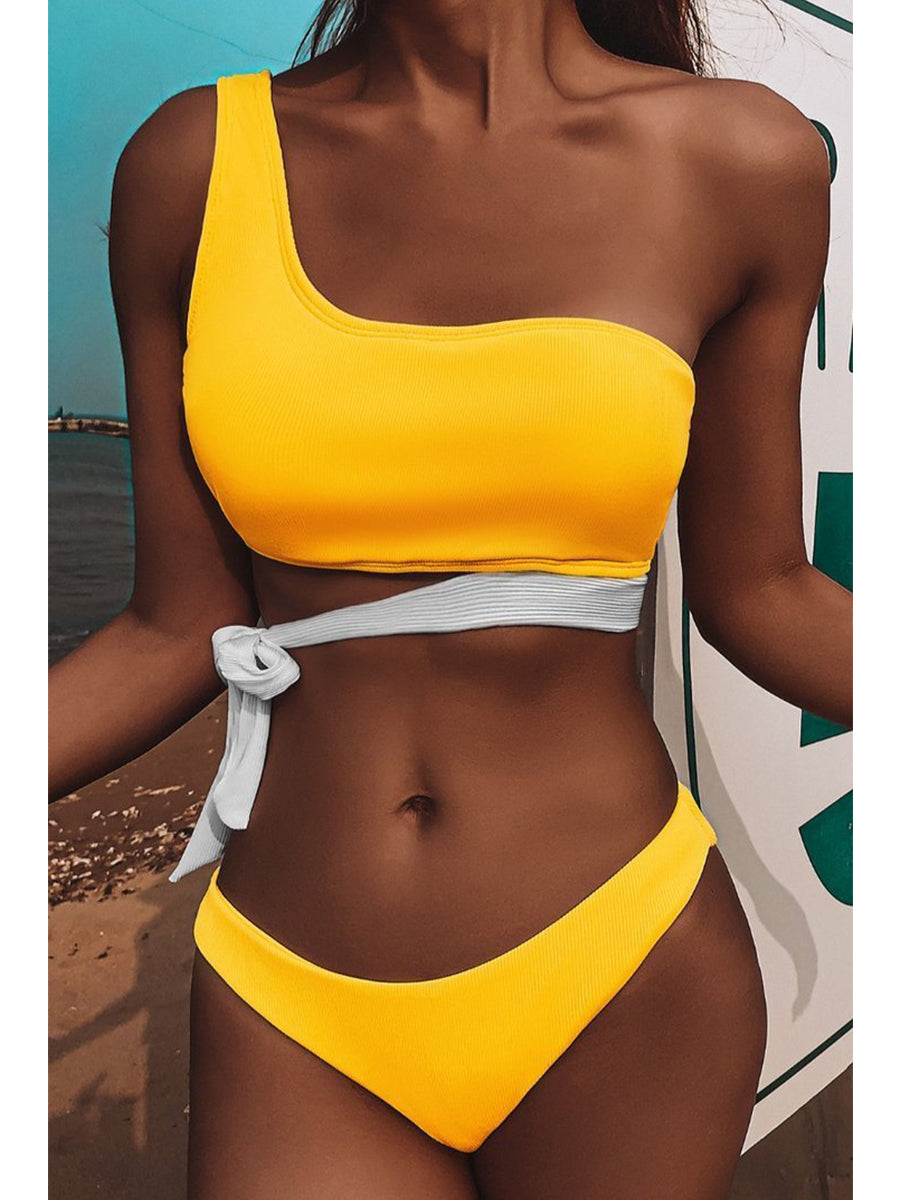 One Shoulder Bandage Design Yellow Bikini Set - Fashionpara