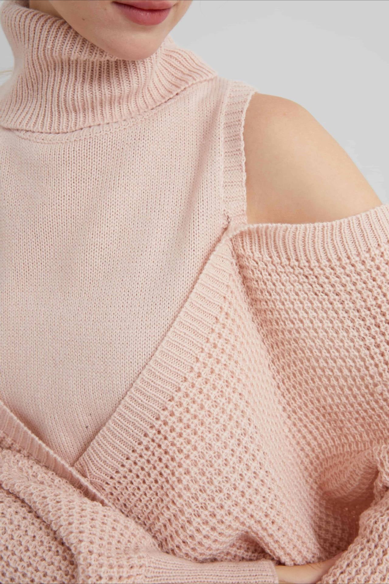 PrincessAce High Neck Off-Shoulder Layered Knit Sweater