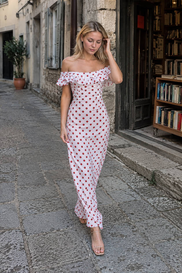 Polka Dot Off Shoulder Ruffle Midi Dress