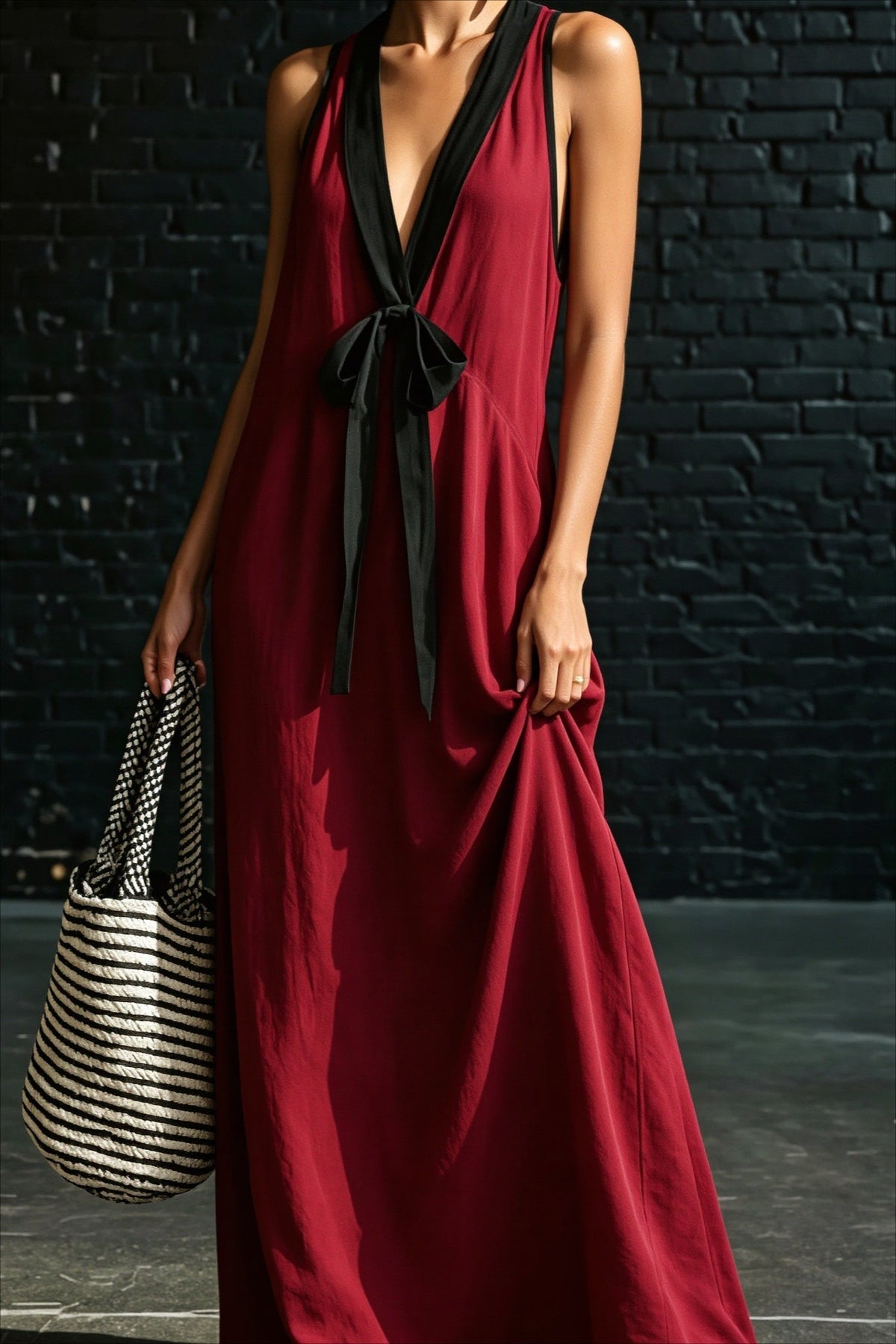 Linen Deep V-Neck Contrast Tie Flowy Maxi Dress