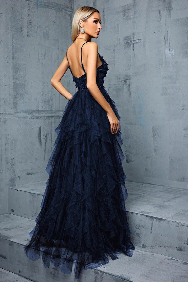 Tulle V-Neck Lace Bodice Tiered Ruffle A-Line Gown