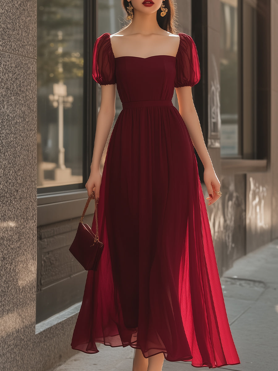 Romantic Burgundy Puff Sleeve Midi Dress