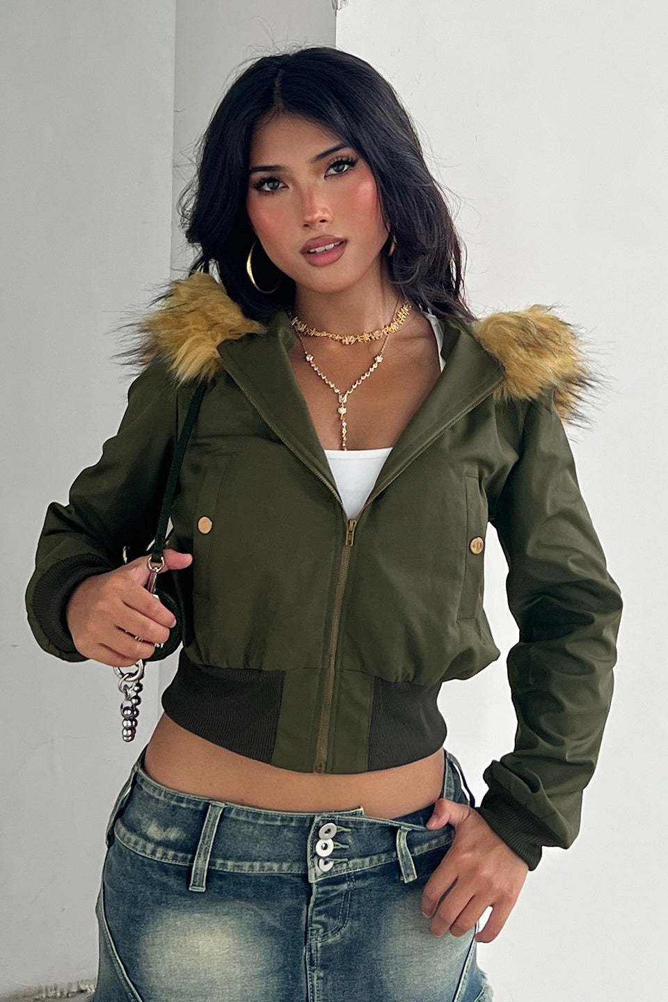 Army Green Fleece Zip Coat - Fashionpara