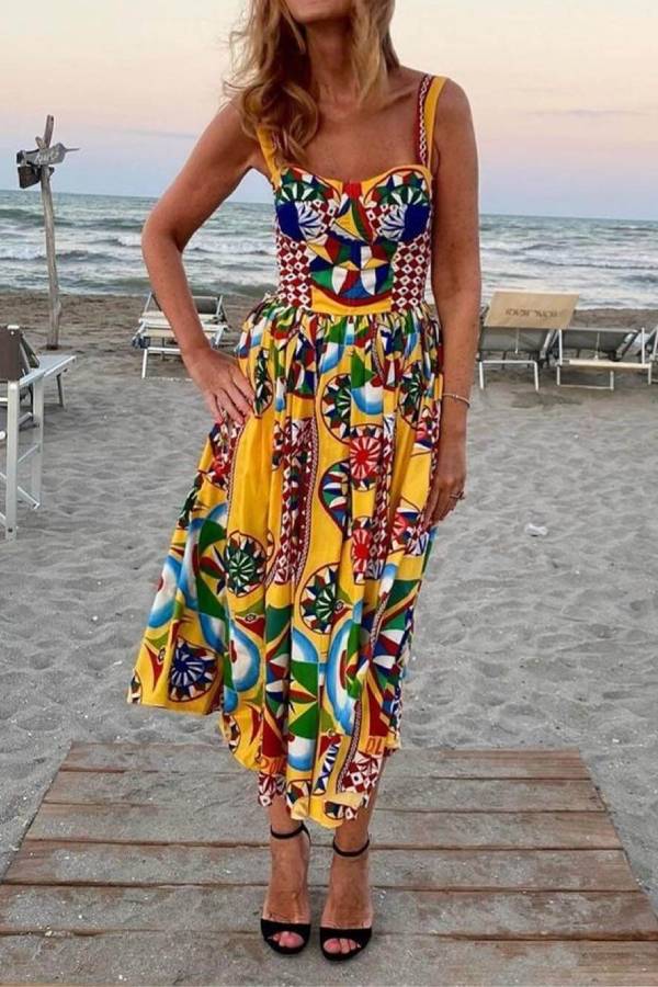Unique Sunset Walk Ethnic Pattern Print Backless Midi Dress - Fashionpara
