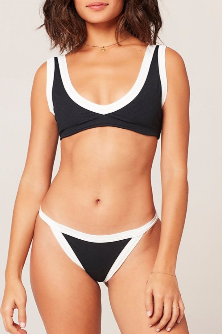 V Neck Patchwork Black Bikini Set - Fashionpara