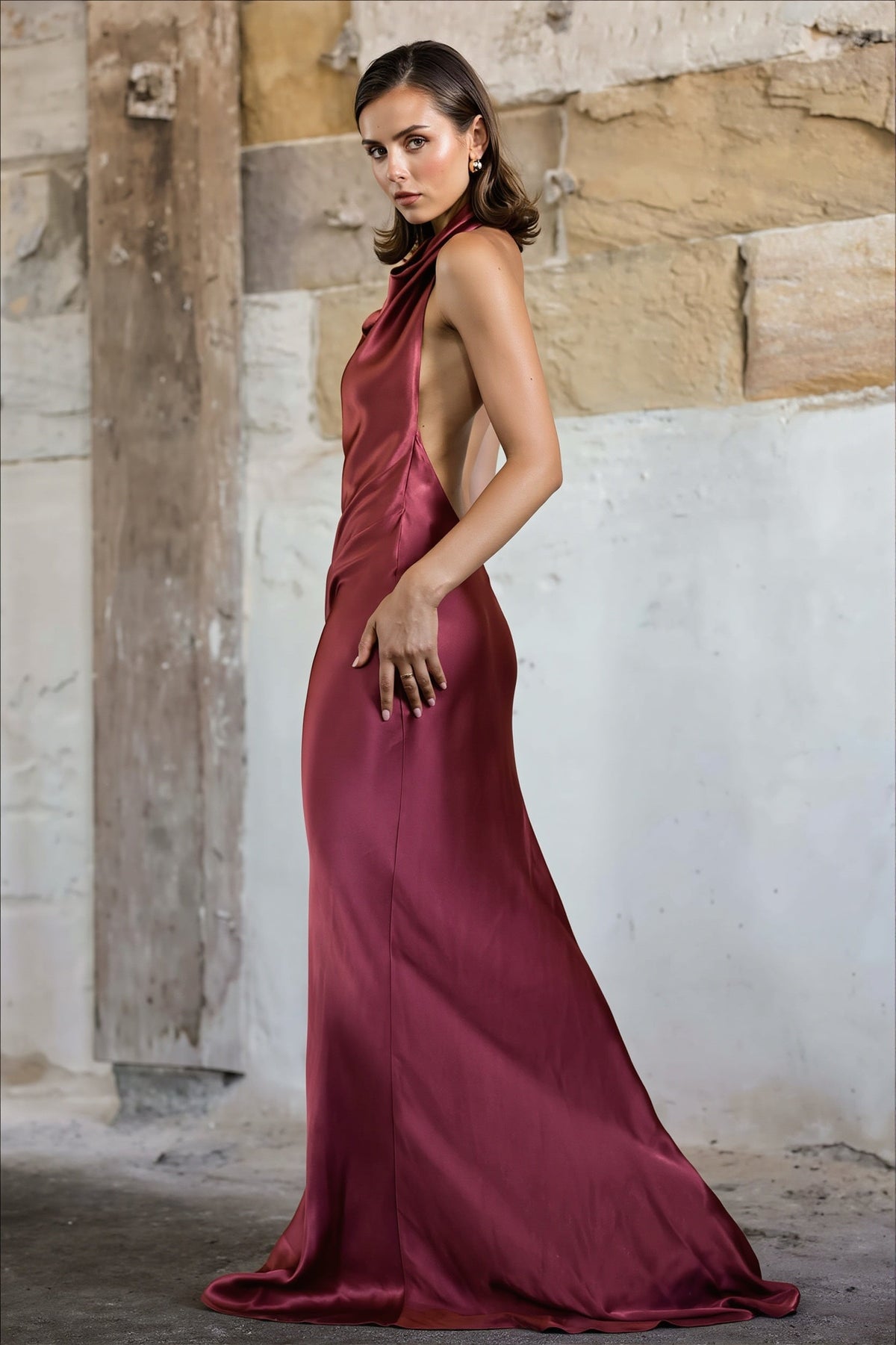 Satin Cowl Neck Halter Backless Mermaid Gown