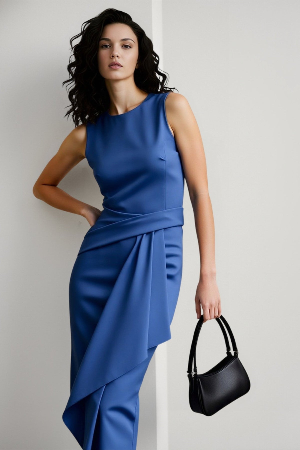 Round Neck Sleeveless Draped Asymmetric Midi Dress