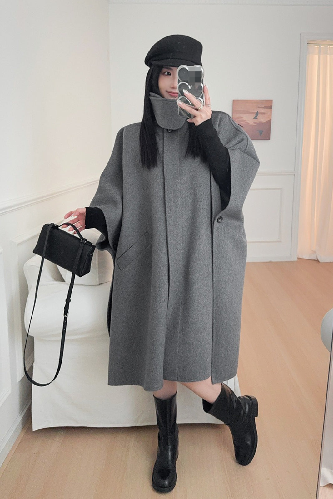 Beige Lapel Double Faced Wool Blend Cape Convertible Overcoat