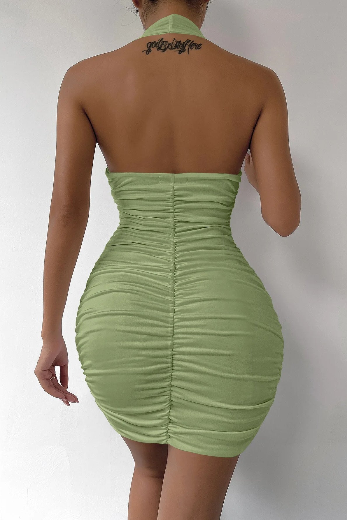 Plunge V-Neck Halter Ruched Bodycon Mini Dress