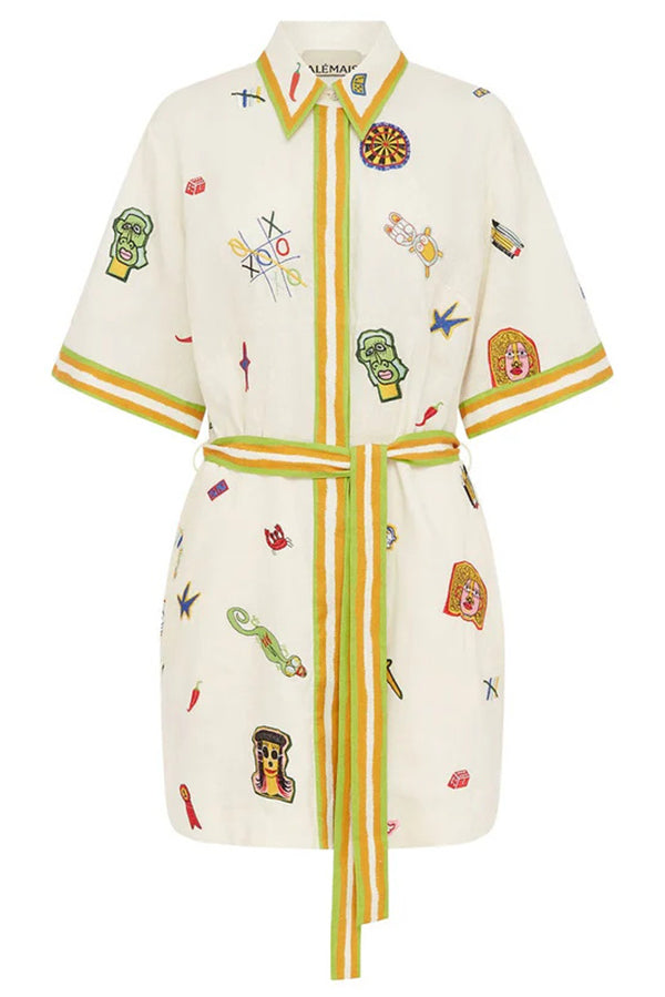 Britt Linen Blend Unique Printed Short Sleeved Pocket Tie Waist Mini Dress - Fashionpara