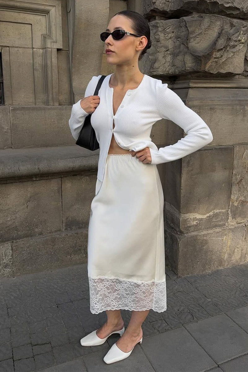 Lace Insert Solid Color Satin Skirt