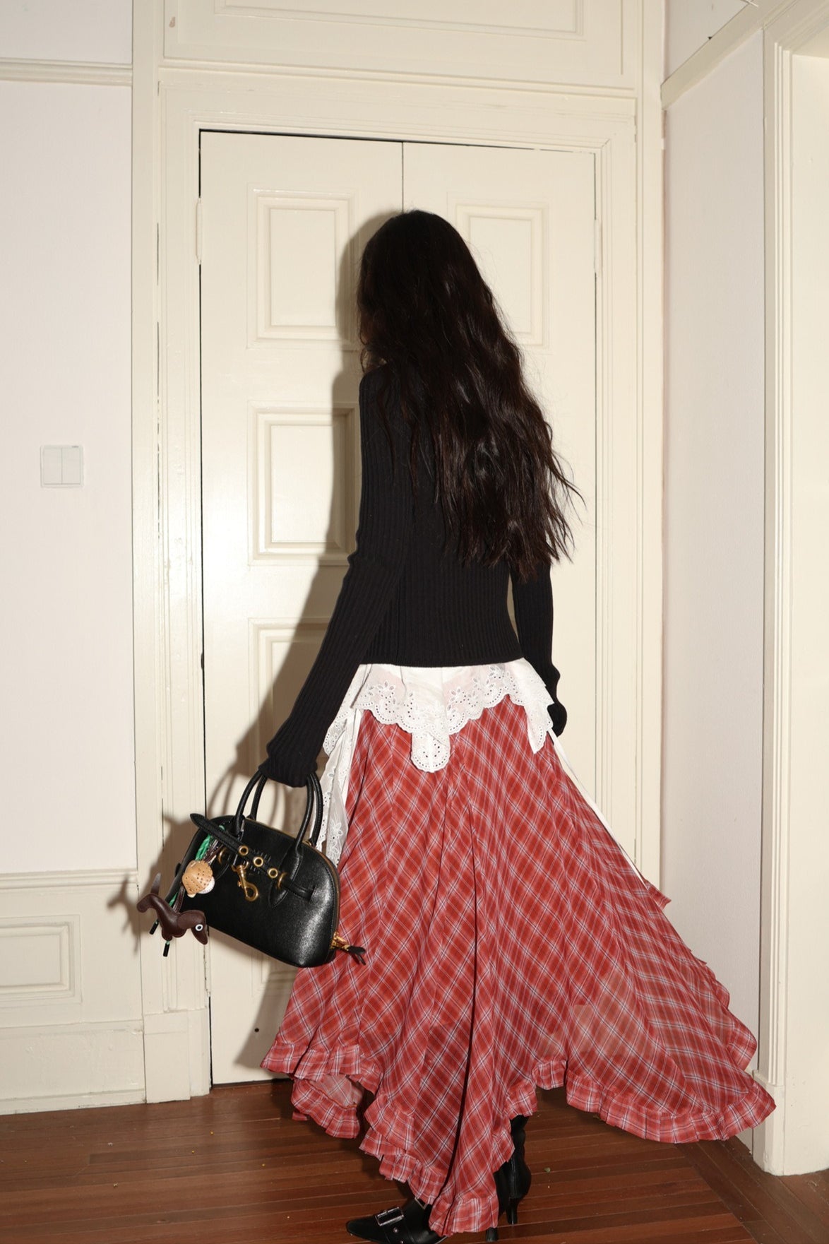 Plaid Asymmetric Ruffle Midi Skirt