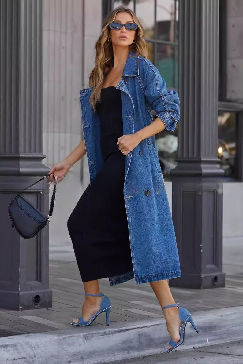 Denim Cotton Solid Double Pocket Button Loose Overcoat - Fashionpara