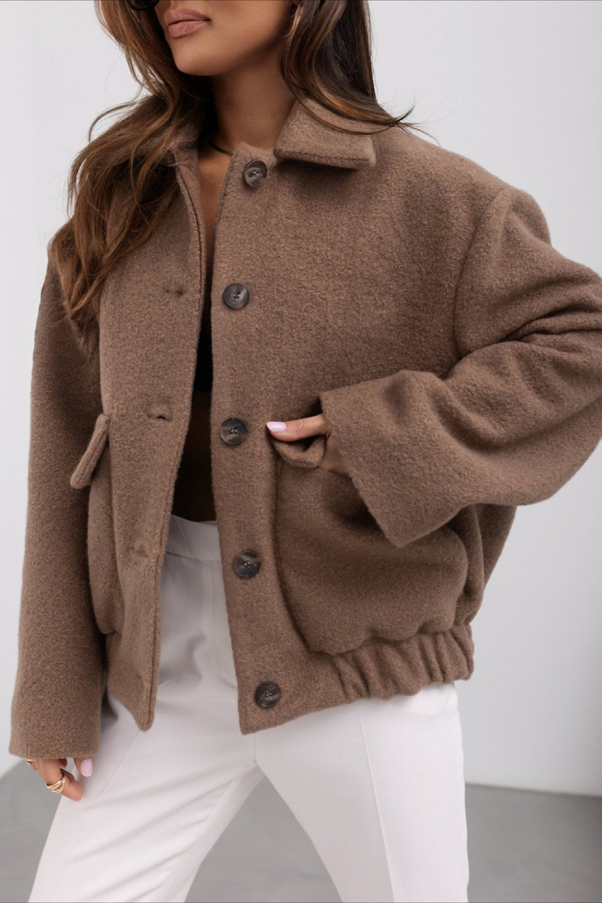 Solid Wool Pocket Elastic Snap Coat 4