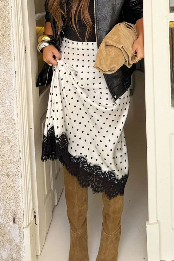 Polka-Dot Lace-Hem Midi Skirt