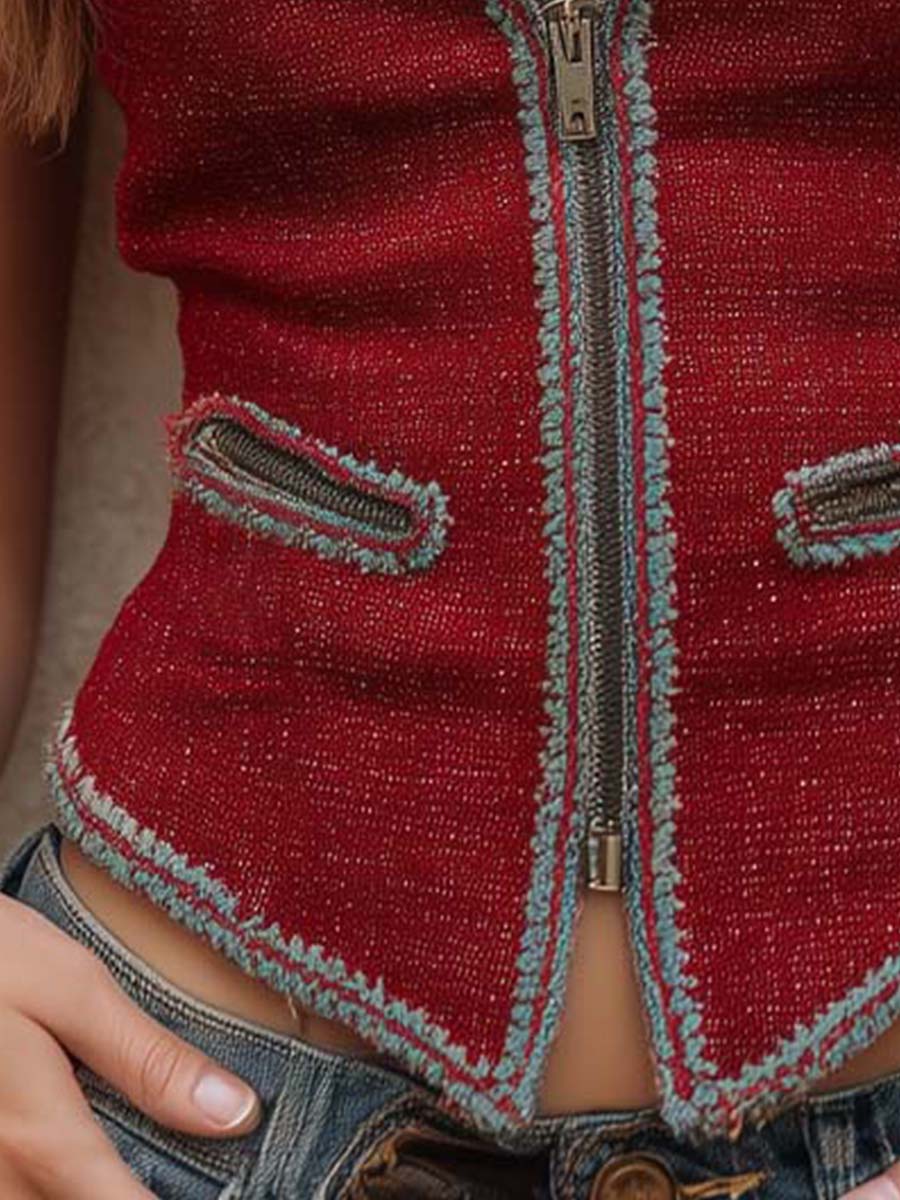 Bohemian Floral Contrast Trim Zip-up Vest - Fashionpara