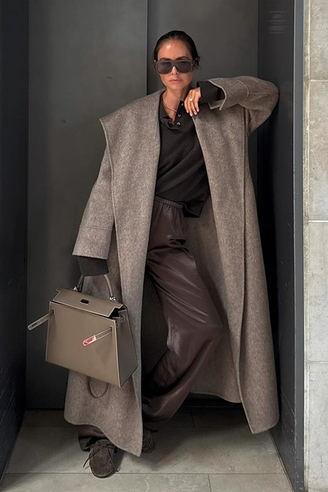 Wool Wide Lapel Cinched Waist Long Overcoat - Fashionpara