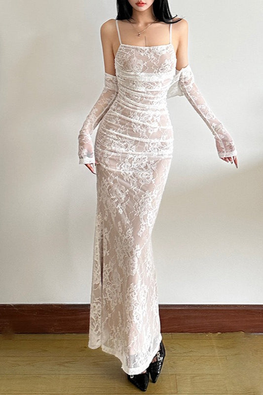 Fish Tail Square Neck Lace Dress - View 5