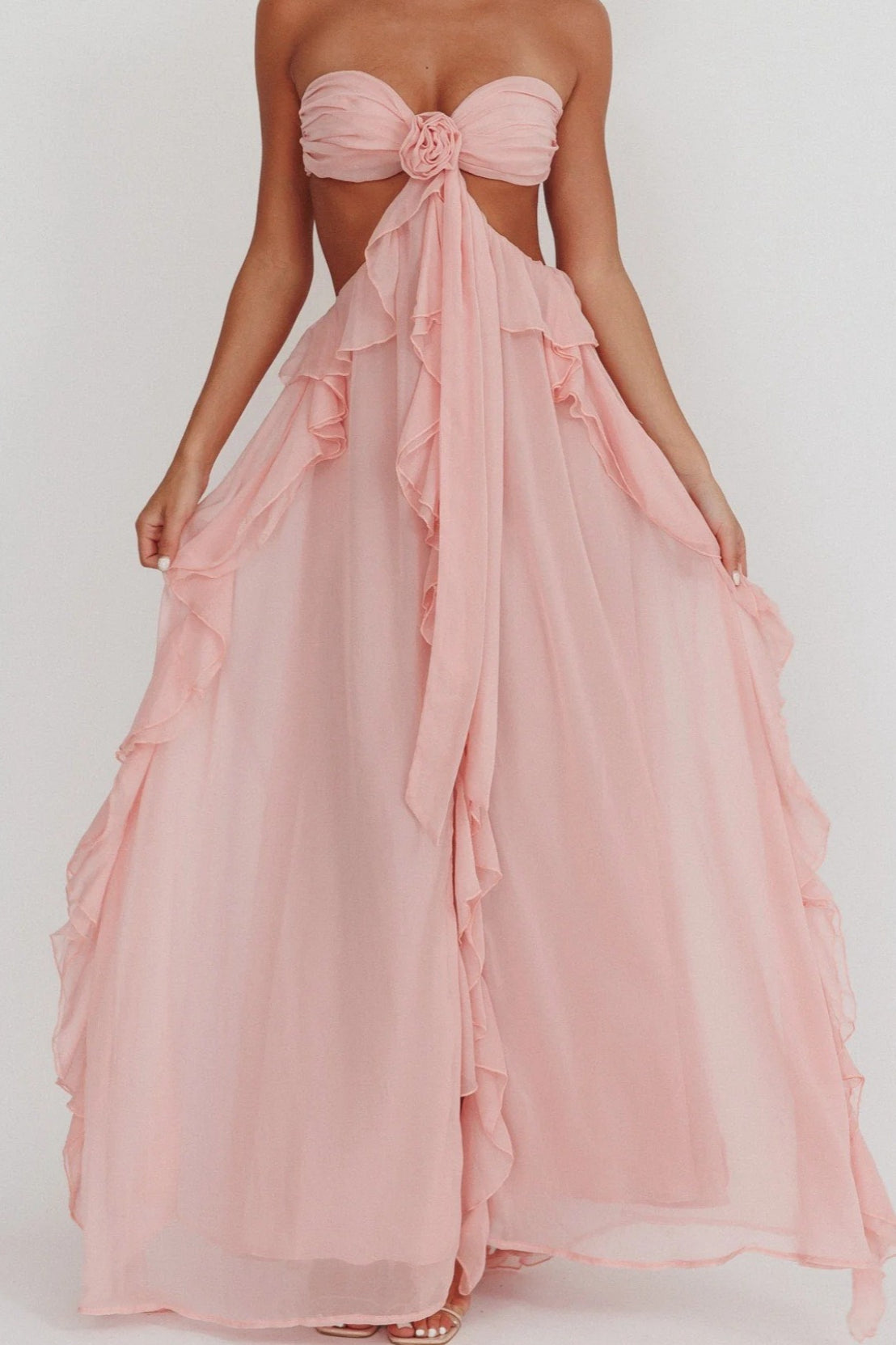 Strapless Chiffon Ruffle Rosette Cut Out High Split Maxi Dress - View 5