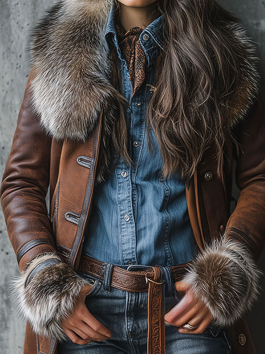 Vintage Brown Shearling Eco Leather Long Coat With Eco Fur Trim - Fashionpara