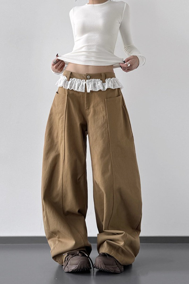 High Waist Lace Paneled Straight Wide Leg Floor Length Jeans