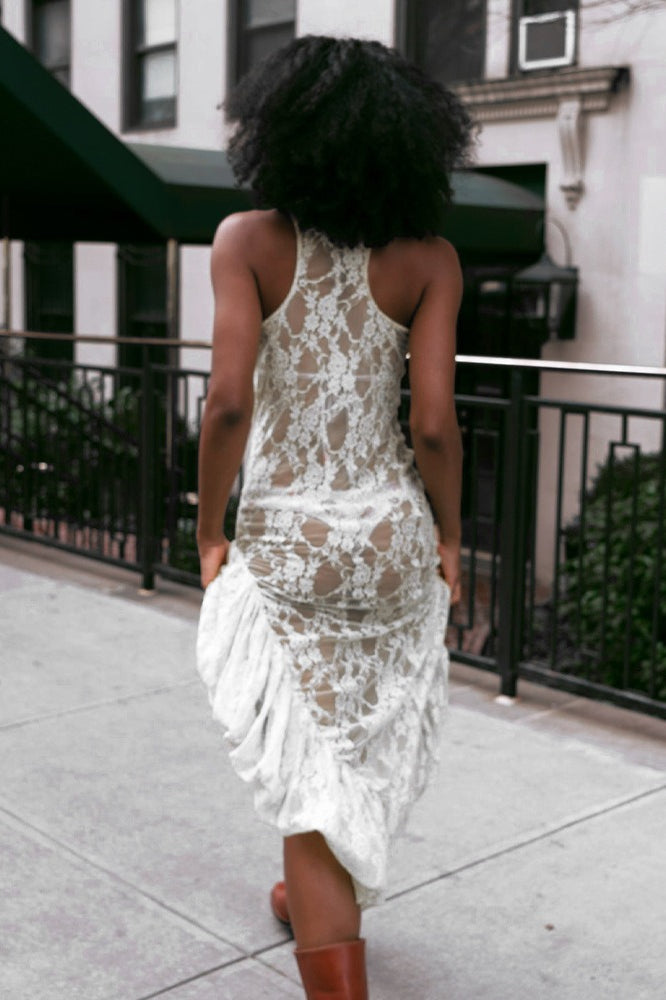 Sheer Lace High-Neck Sleeveless Asymmetric Maxi Dress