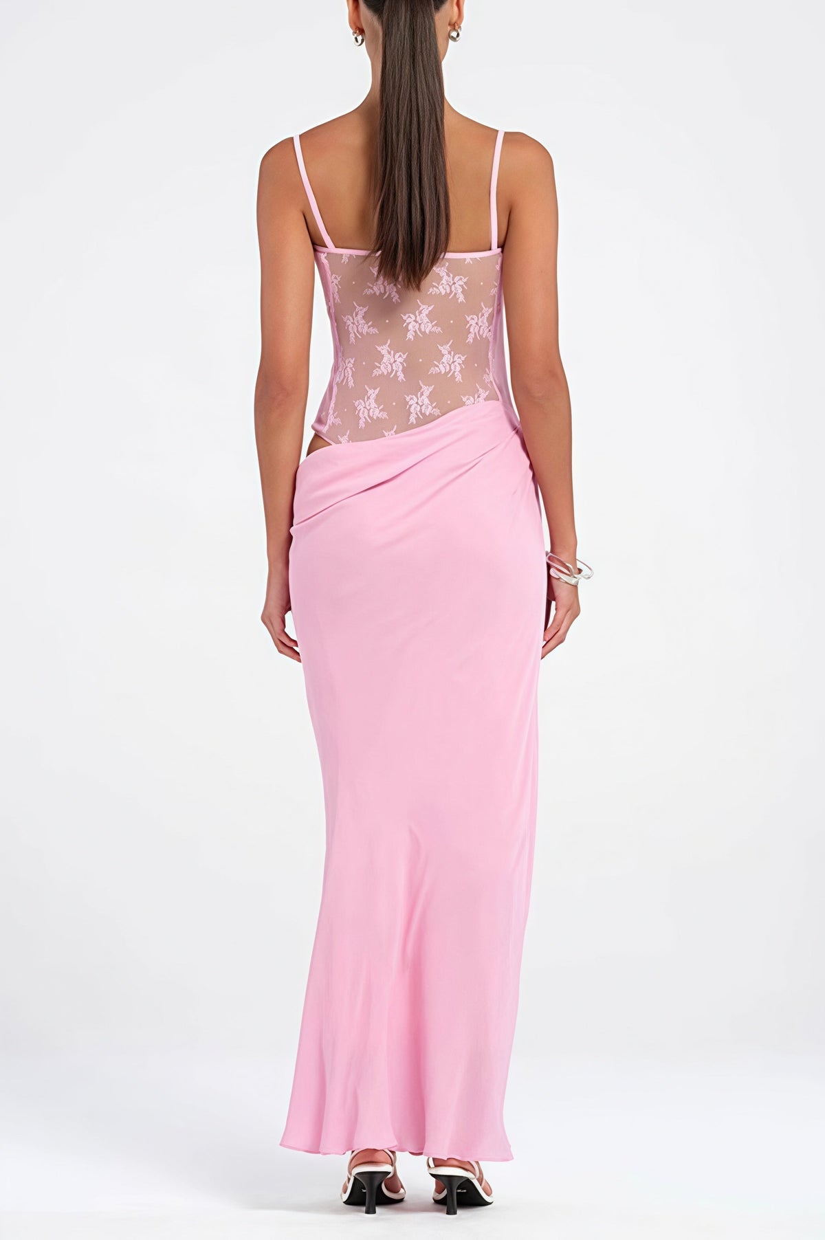 Lace Corset Sheer Bodice Draped Satin Maxi Dress