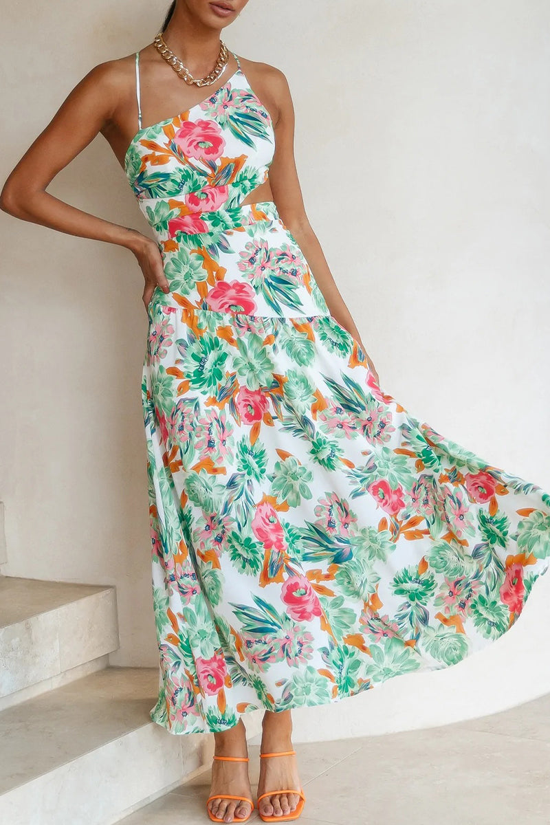 Floral Print One Shoulder Spaghetti Strap Side A-Line Midi Dress - View 4