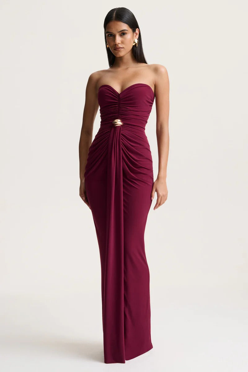 Strapless Sweetheart Ruched Gold Ring Draped Maxi Gown